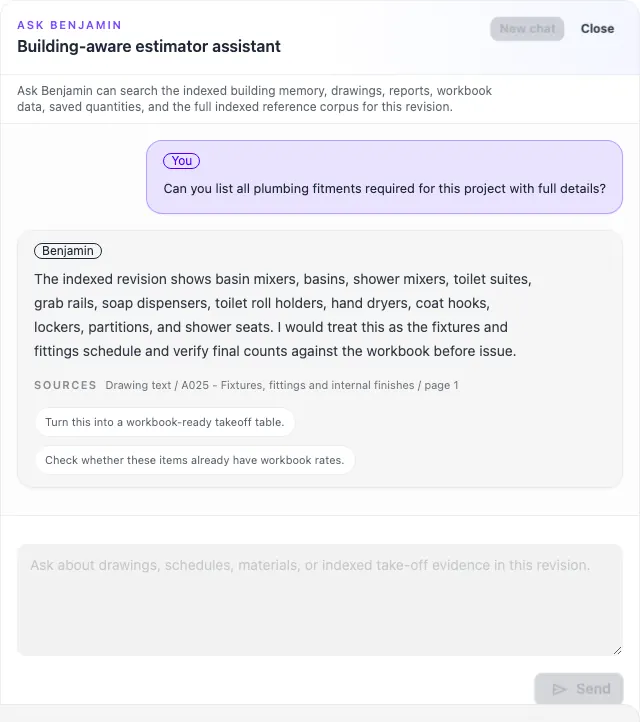 Ask Benjamin panel answering a building-specific construction question with drawing sources