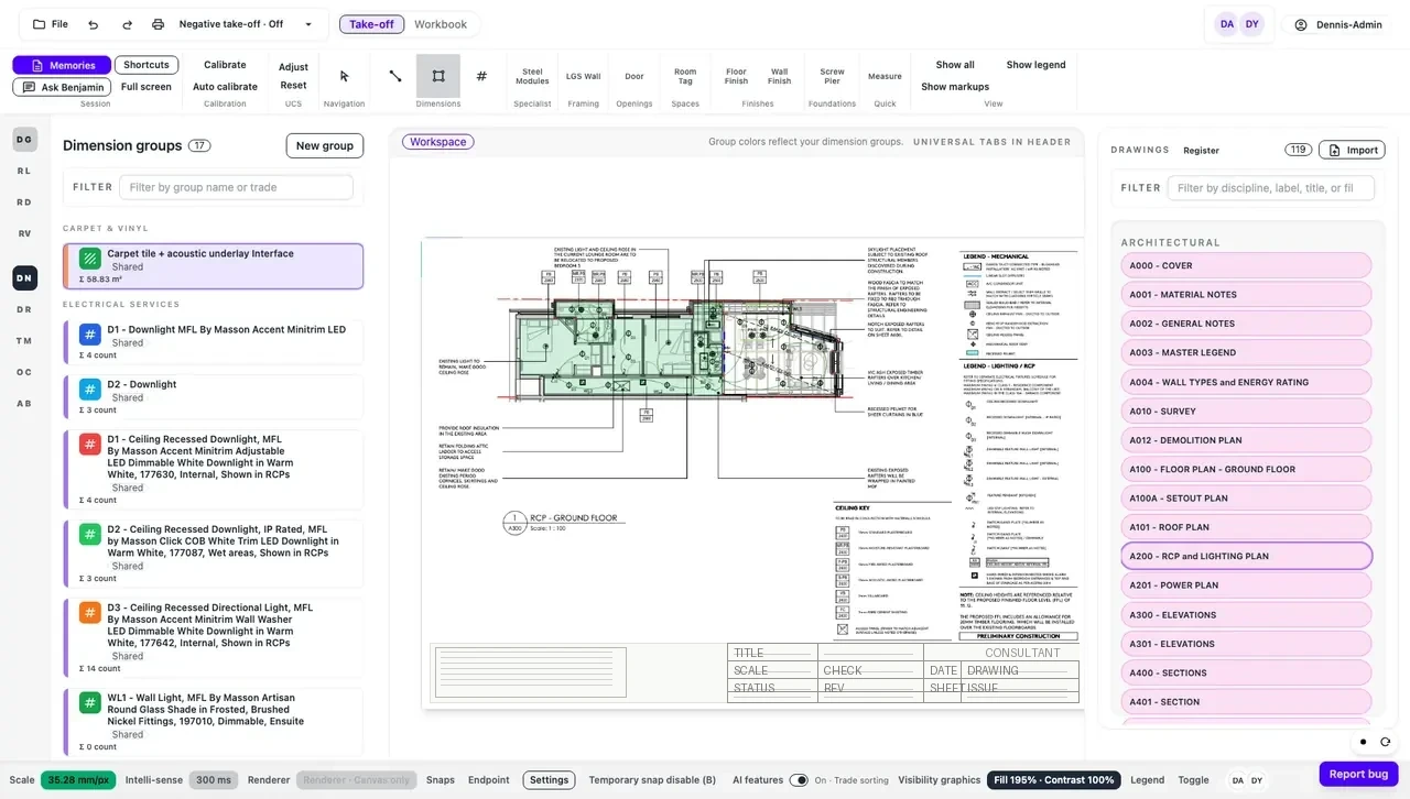 Scope-Sense takeoff view showing dimension groups, drawing navigation, and measured markup overlays