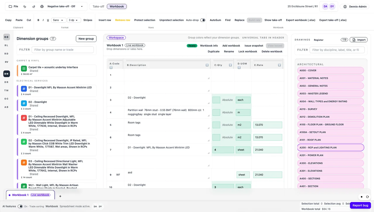 Scope-Sense workbook view showing measured line items, quantities, units, rates, and totals